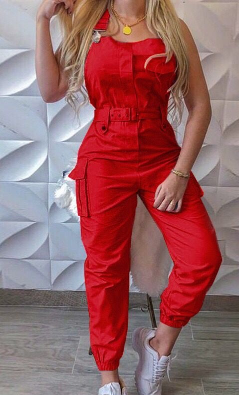 SOLID CARGO JUMPSUIT SLEEVELESS OVERALLS