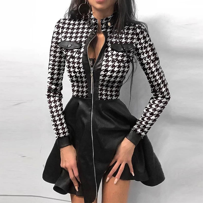ZIPPER POCKET PU LEATHER MESH DRESS