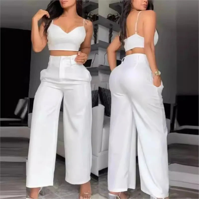 Casual V-Neck Cami Crop Hollow Out Wide Leg High Waist Pants 2 Piece Sets