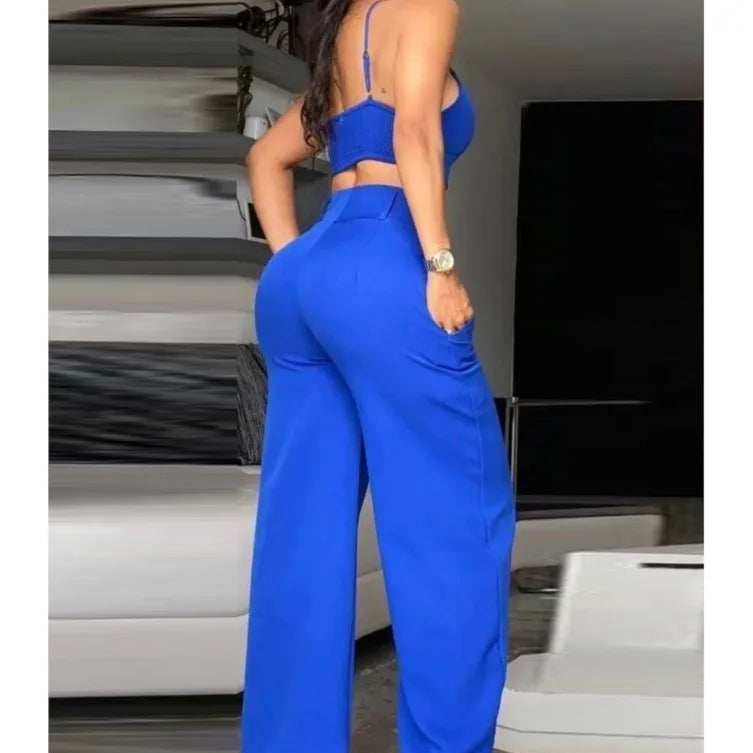 Casual V-Neck Cami Crop Hollow Out Wide Leg High Waist Pants 2 Piece Sets