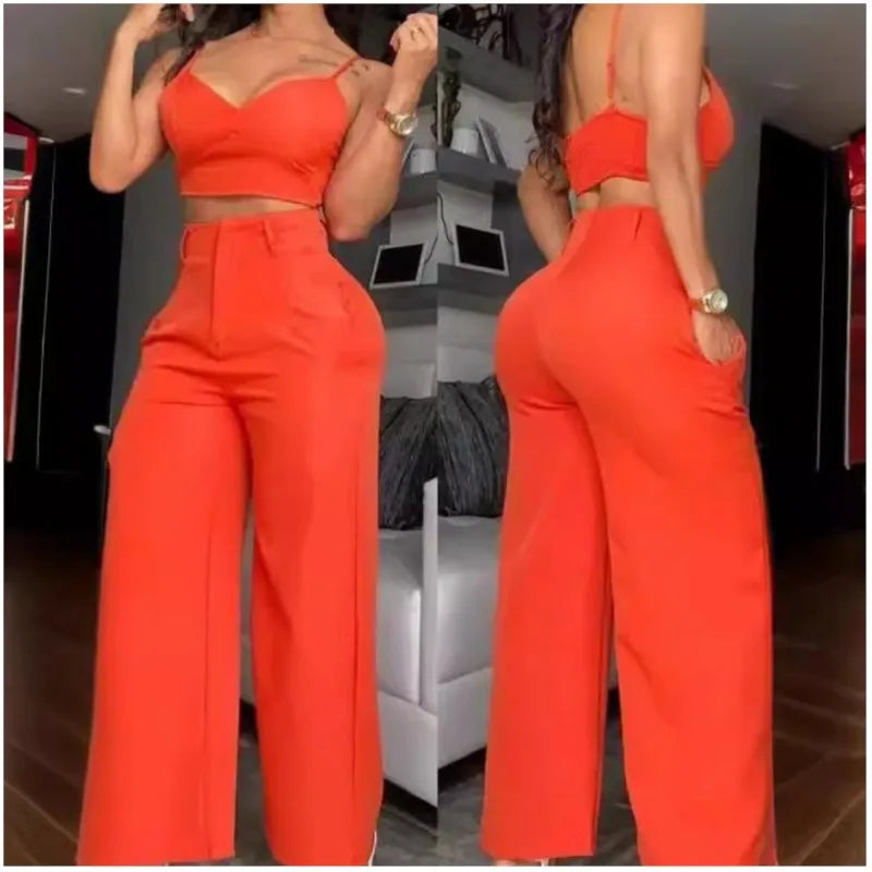 Casual V-Neck Cami Crop Hollow Out Wide Leg High Waist Pants 2 Piece Sets
