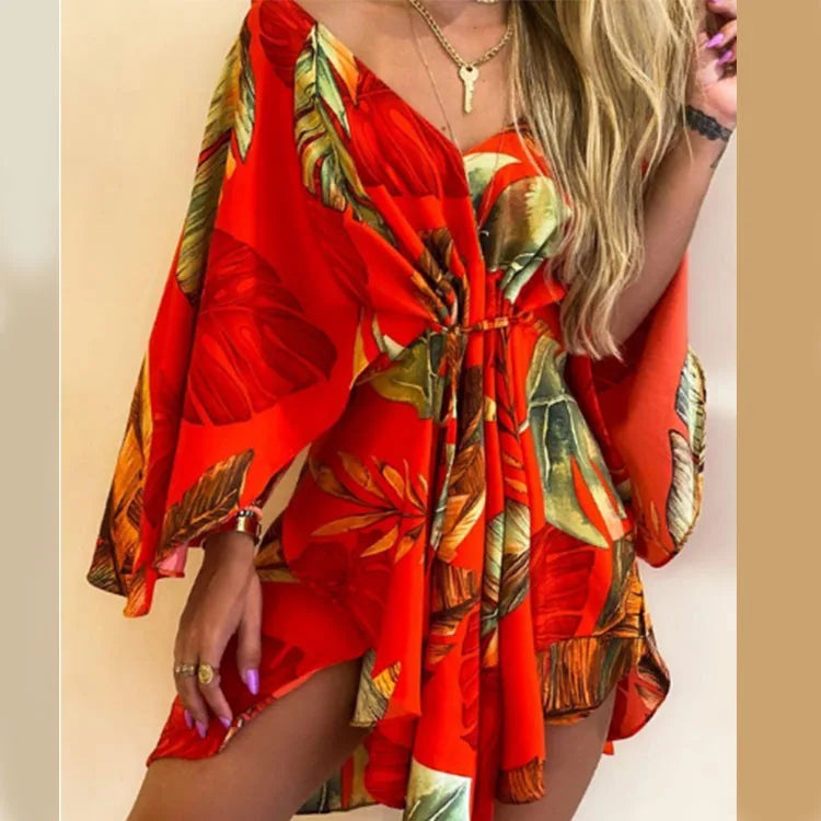 Print V-Neck Bat Sleeve Dress