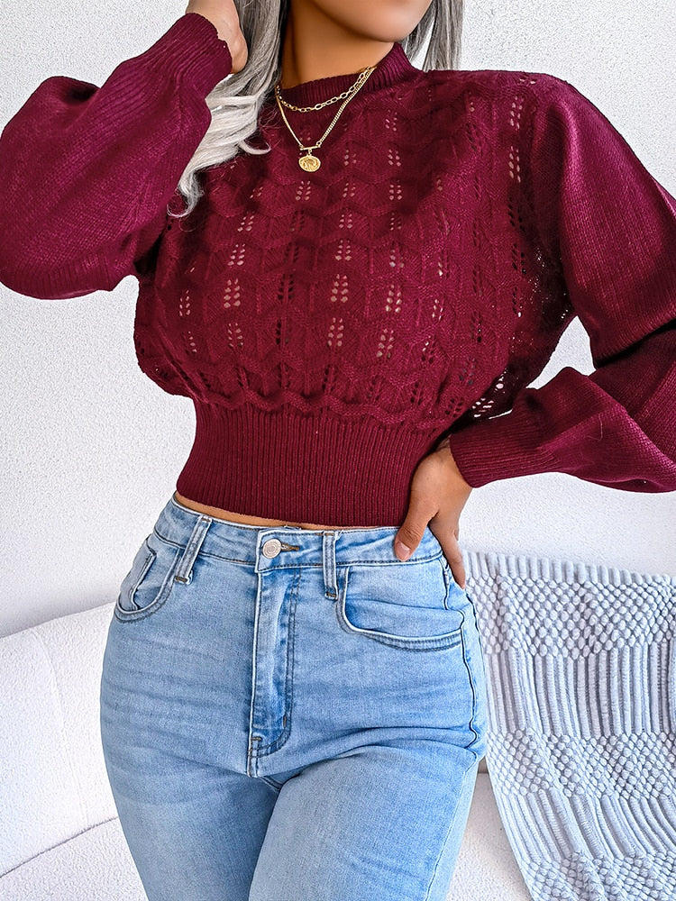 KNITTED LONG SLEEVE HOLLOW CROP TOP SWEATER