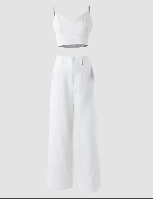 Casual V-Neck Cami Crop Hollow Out Wide Leg High Waist Pants 2 Piece Sets