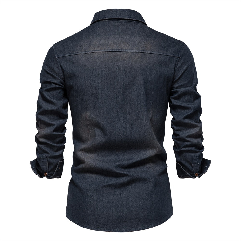 COTTON DENIM LONG SLEEVE SLIM FIT COWBOY SHIRT