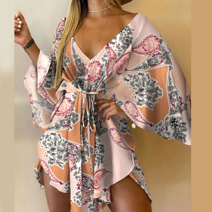Print V-Neck Bat Sleeve Dress