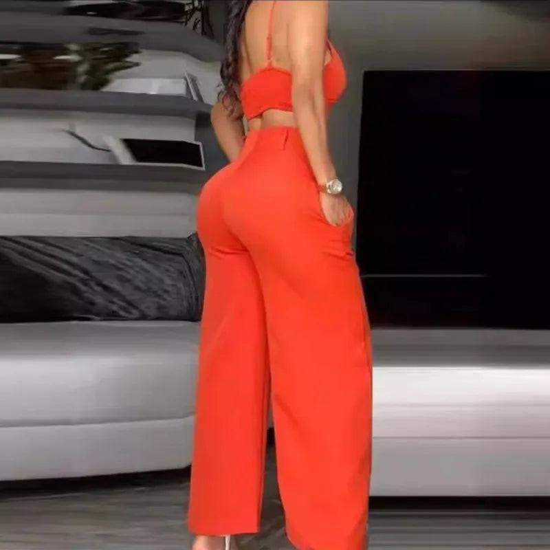 Casual V-Neck Cami Crop Hollow Out Wide Leg High Waist Pants 2 Piece Sets