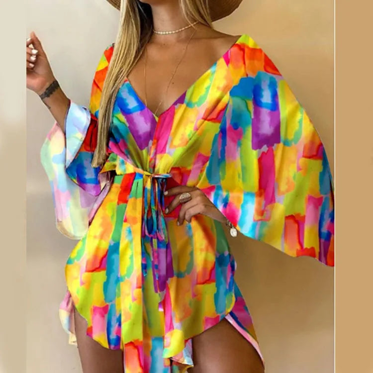 Print V-Neck Bat Sleeve Dress