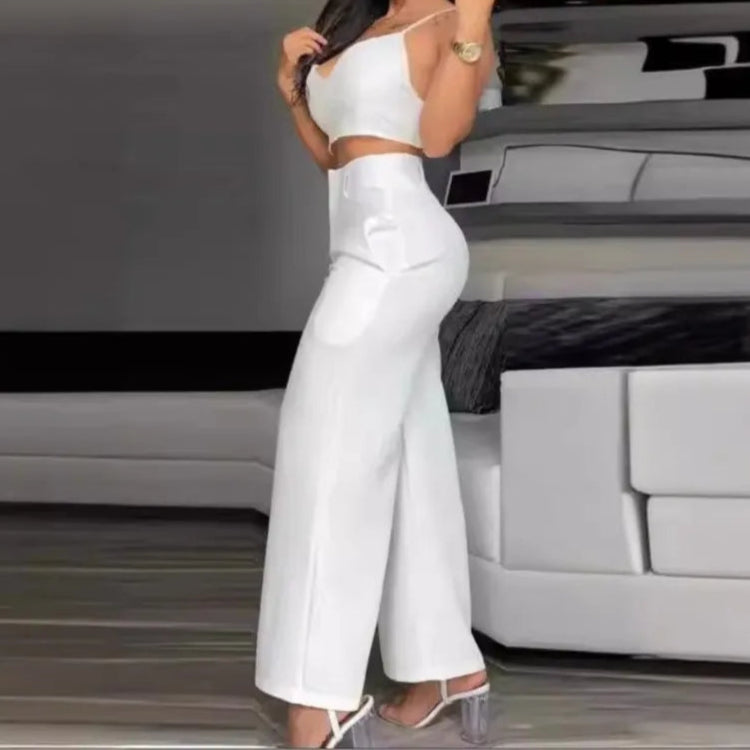 Casual V-Neck Cami Crop Hollow Out Wide Leg High Waist Pants 2 Piece Sets