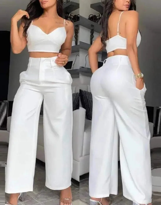 Casual V-Neck Cami Crop Hollow Out Wide Leg High Waist Pants 2 Piece Sets