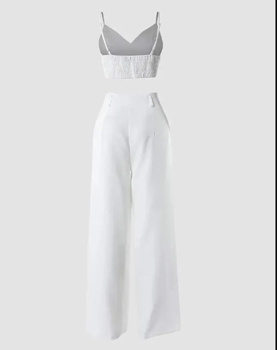Casual V-Neck Cami Crop Hollow Out Wide Leg High Waist Pants 2 Piece Sets