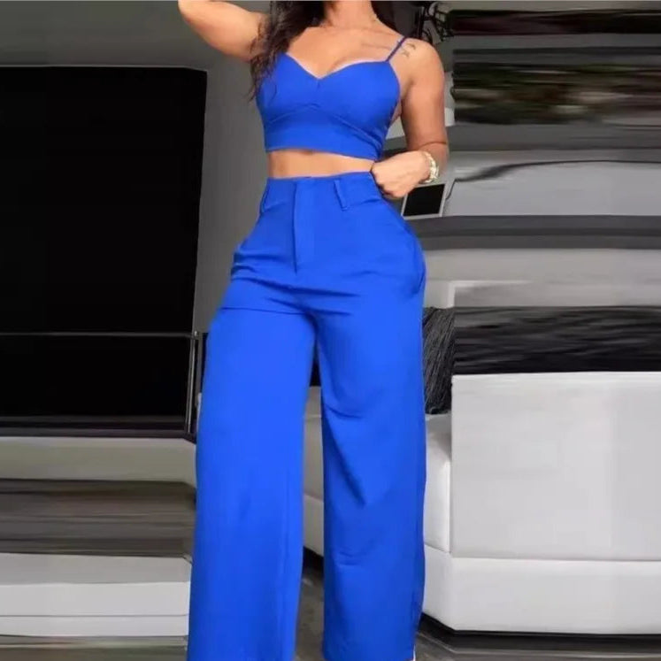 Casual V-Neck Cami Crop Hollow Out Wide Leg High Waist Pants 2 Piece Sets