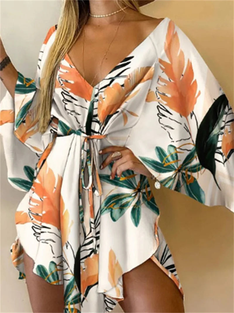 Print V-Neck Bat Sleeve Dress