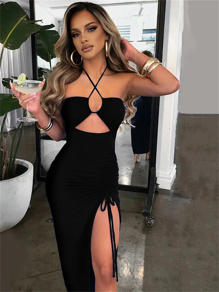 HOLLOW OUT DRAWSTRING HIGH SPLIT RUCHED DRESS