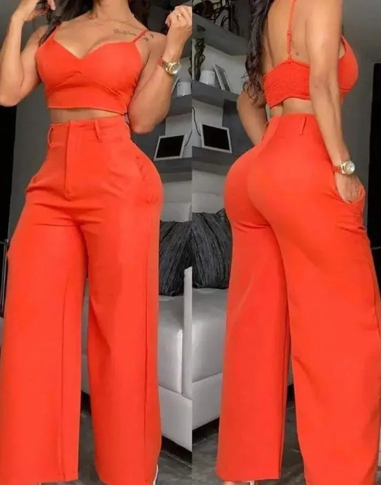 Casual V-Neck Cami Crop Hollow Out Wide Leg High Waist Pants 2 Piece Sets