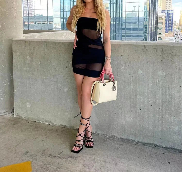 Sleeveless Patch-Mesh Mini Bodycon Dress