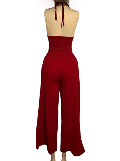 HALTER CROCHET V-NECK, BACKLESS TOP, WIDE LEG BEACH/SUMMER PANT 2PC SET