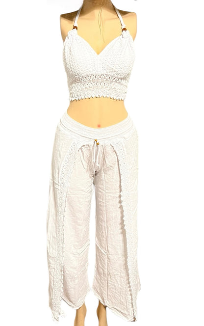HALTER CROCHET V-NECK, BACKLESS TOP, WIDE LEG BEACH/SUMMER PANT 2PC SET