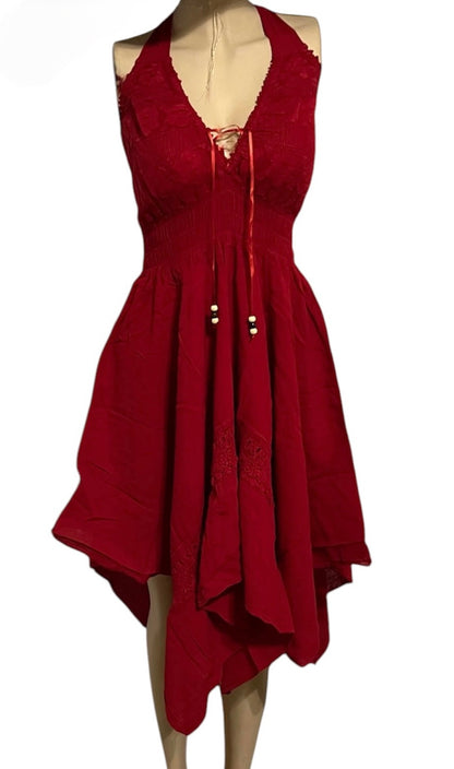 SOLID HALTER V-NECK BACKLESS SUMMER/BEACH DRESS