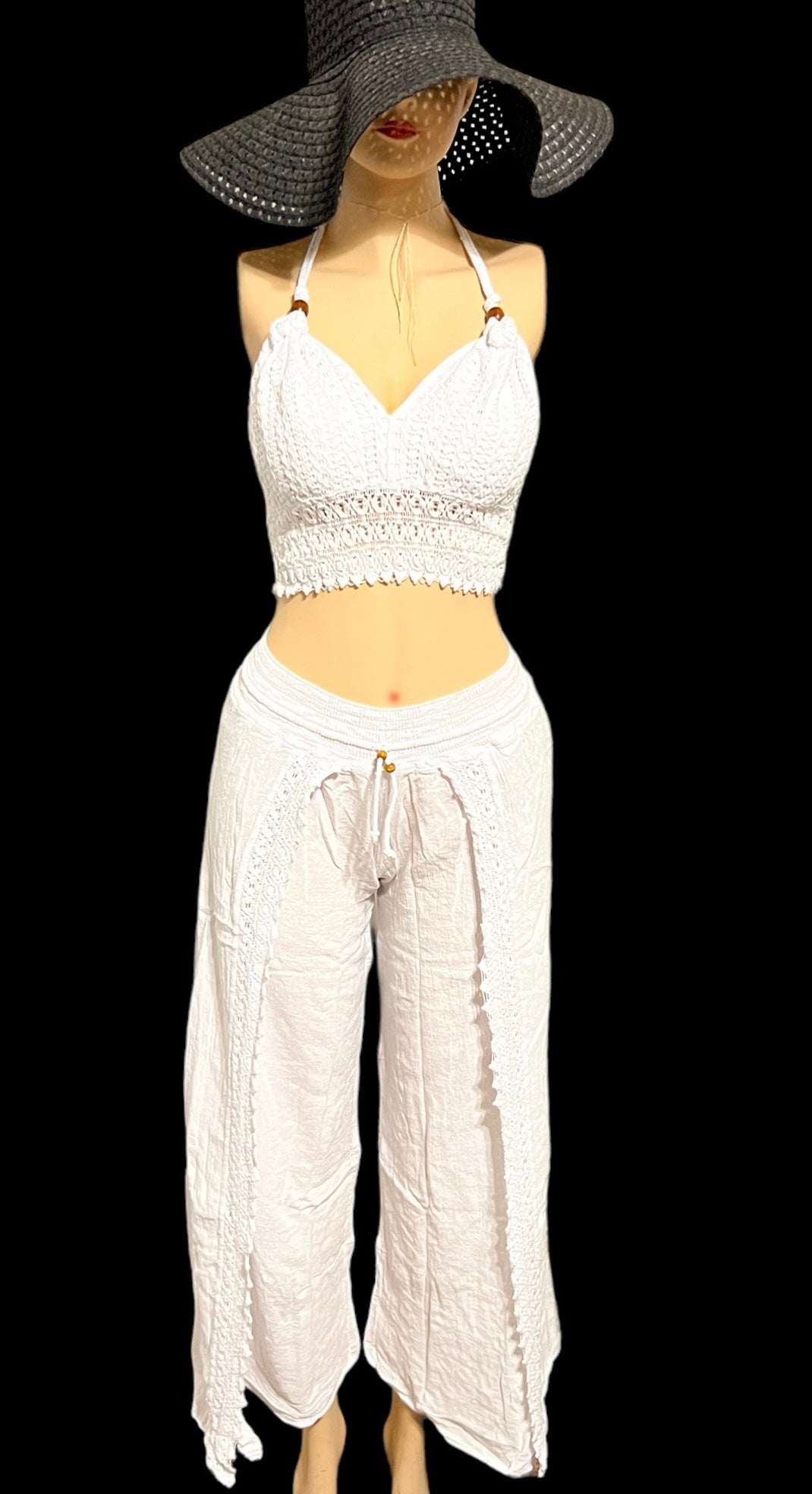 HALTER CROCHET V-NECK, BACKLESS TOP, WIDE LEG BEACH/SUMMER PANT 2PC SET