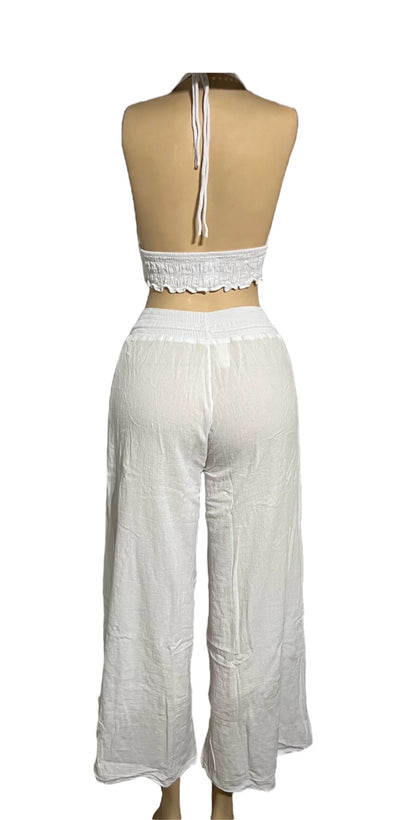 HALTER CROCHET V-NECK, BACKLESS TOP, WIDE LEG BEACH/SUMMER PANT 2PC SET