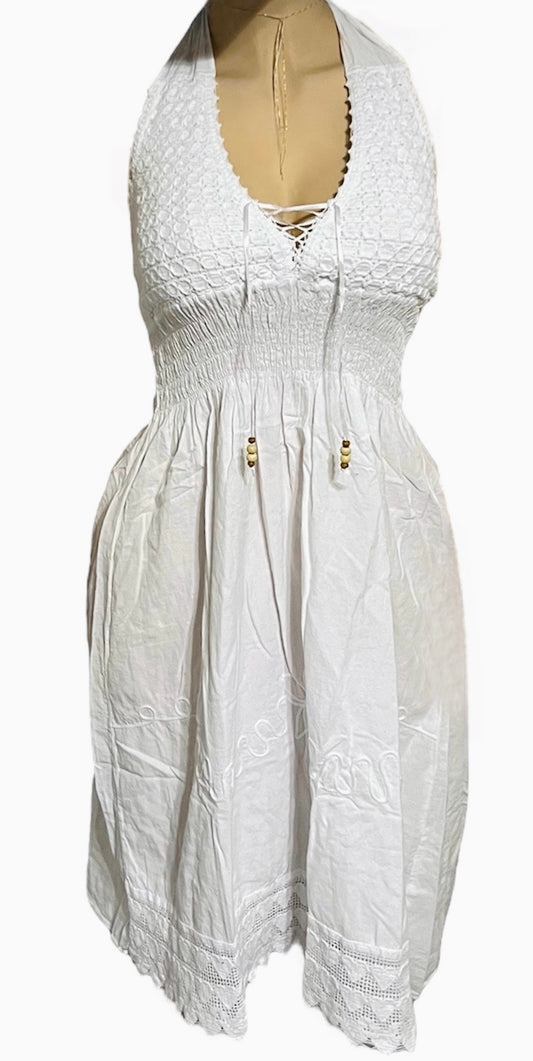 SOLID HALTER V-NECK BACKLESS SUMMER/BEACH DRESS