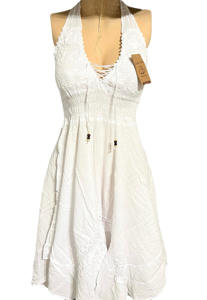 SOLID HALTER V-NECK BACKLESS SUMMER/BEACH DRESS