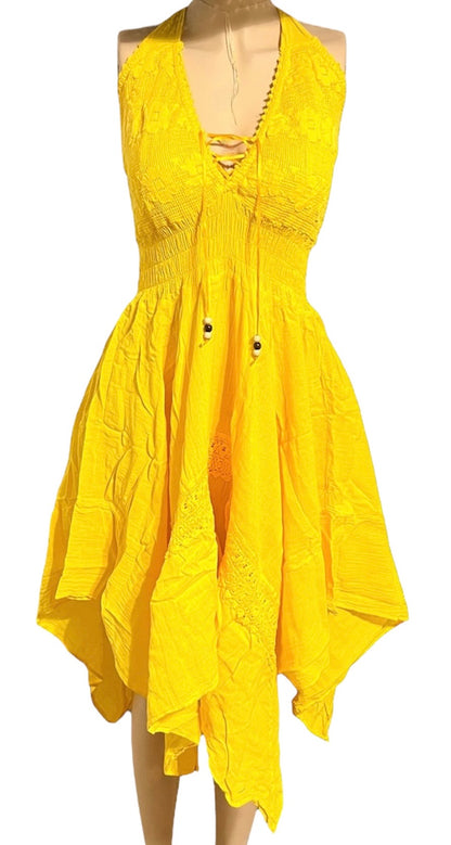 SOLID HALTER V-NECK BACKLESS SUMMER/BEACH DRESS