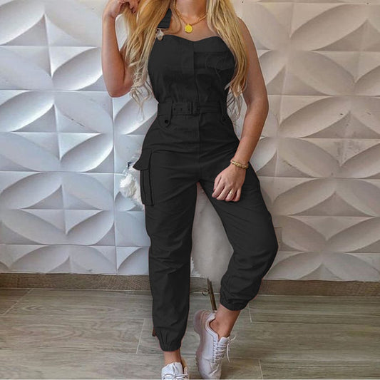 SOLID CARGO JUMPSUIT SLEEVELESS OVERALLS