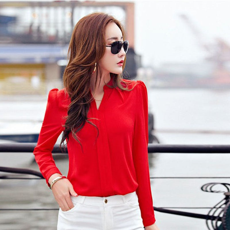 LONG SLEEVE V-NECK ELEGANT CHIFFON BLOUSE