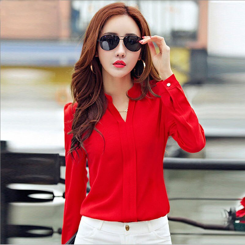 LONG SLEEVE V-NECK ELEGANT CHIFFON BLOUSE