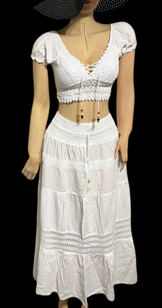 SOLID CROCHET TOP AND LONG SKIRT SUMMER/BEACH 2PC SET