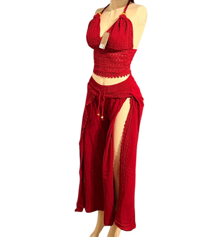 HALTER CROCHET V-NECK, BACKLESS TOP, WIDE LEG BEACH/SUMMER PANT 2PC SET