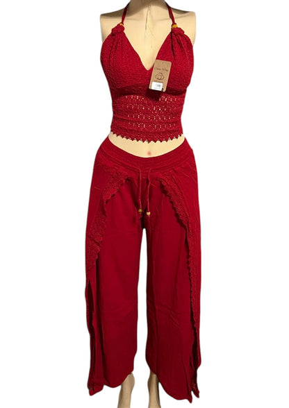 HALTER CROCHET V-NECK, BACKLESS TOP, WIDE LEG BEACH/SUMMER PANT 2PC SET