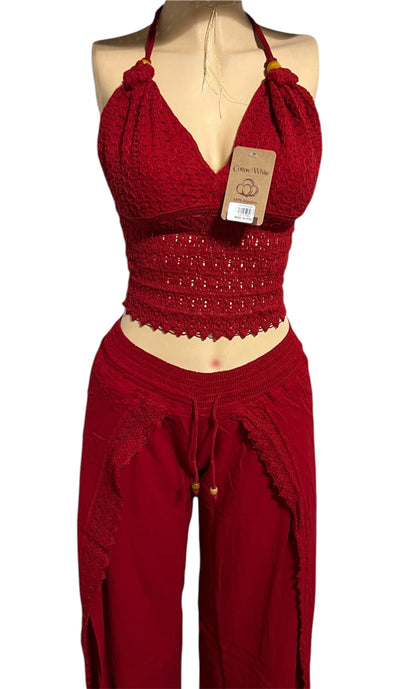 HALTER CROCHET V-NECK, BACKLESS TOP, WIDE LEG BEACH/SUMMER PANT 2PC SET