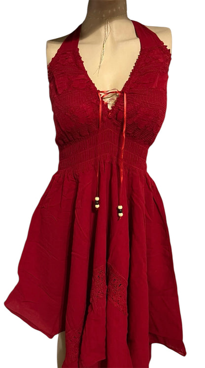 SOLID HALTER V-NECK BACKLESS SUMMER/BEACH DRESS