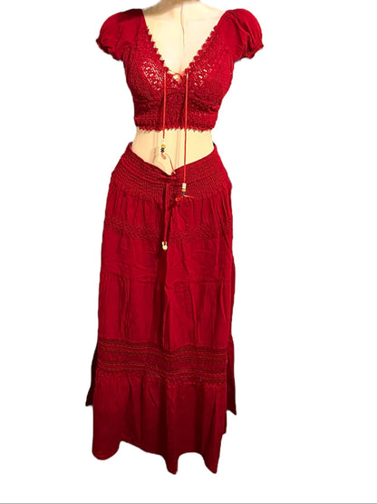 SOLID CROCHET TOP AND LONG SKIRT SUMMER/BEACH 2PC SET
