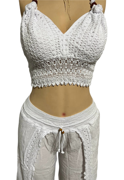 HALTER CROCHET V-NECK, BACKLESS TOP, WIDE LEG BEACH/SUMMER PANT 2PC SET