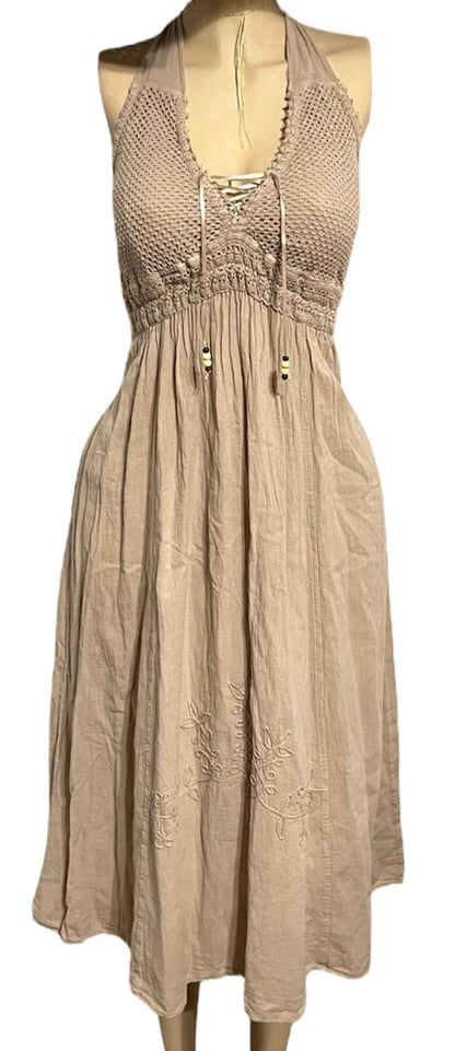 SOLID HALTER V-NECK, BACKLESS SUMMER/BEACH DRESS