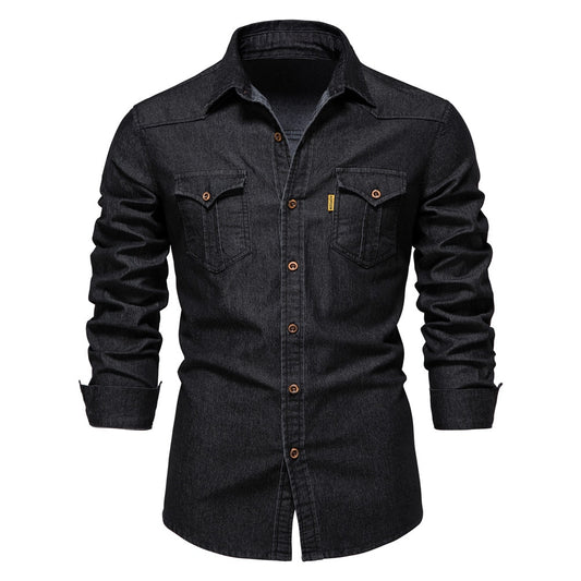 COTTON DENIM LONG SLEEVE SLIM FIT COWBOY SHIRT