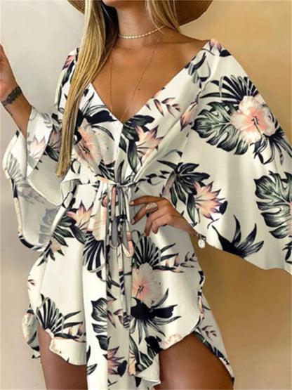 Print  V-Neck Bat Sleeve Dress