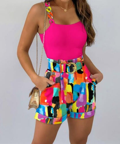 SLEEVELESS CAMI TANK HIGH WAIST PRINT SHORTS 2PCS SET