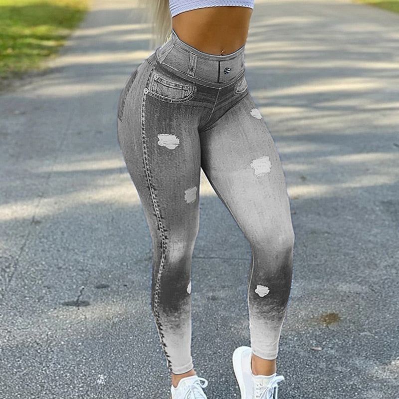 HIGH WAIST FAUX DENIM JEAN LEGGINGS