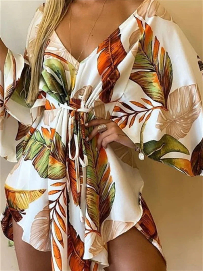 Print  V-Neck Bat Sleeve Dress