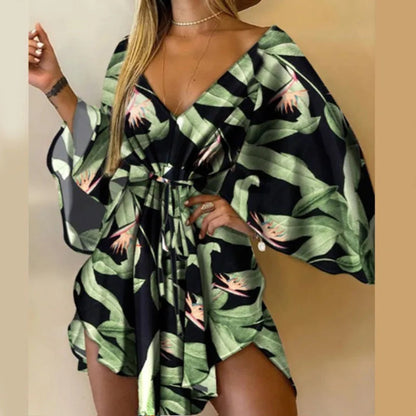 Print  V-Neck Bat Sleeve Dress