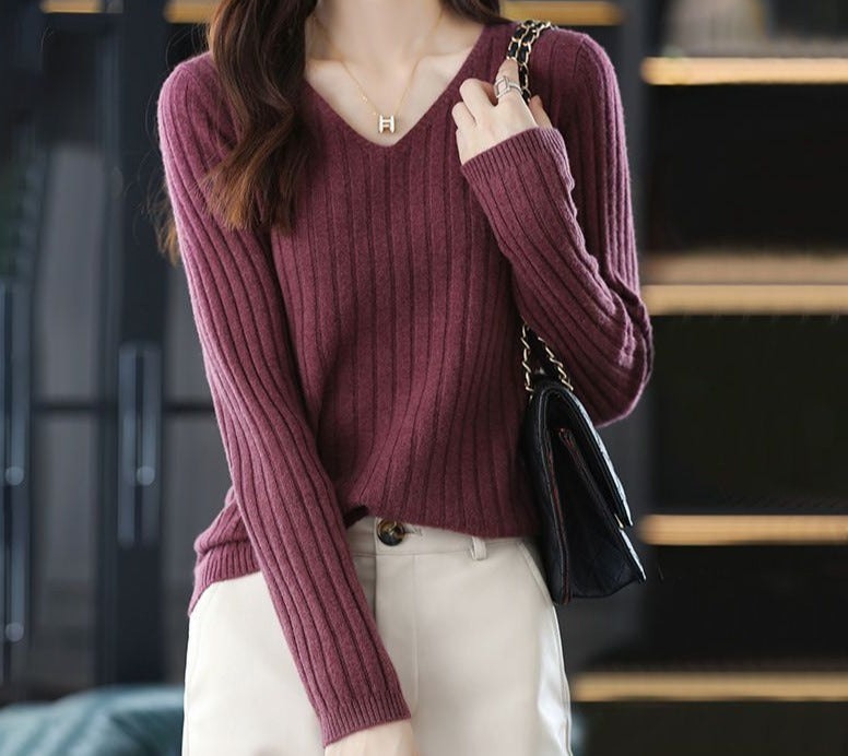 LONG SLEEVE KNITTED PULLOVER V-NECK FASHION SWEATER