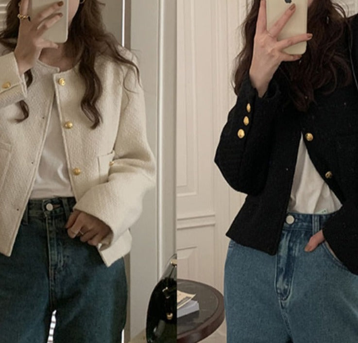 ELEGANT O NECK SHORT TWEED JACKET