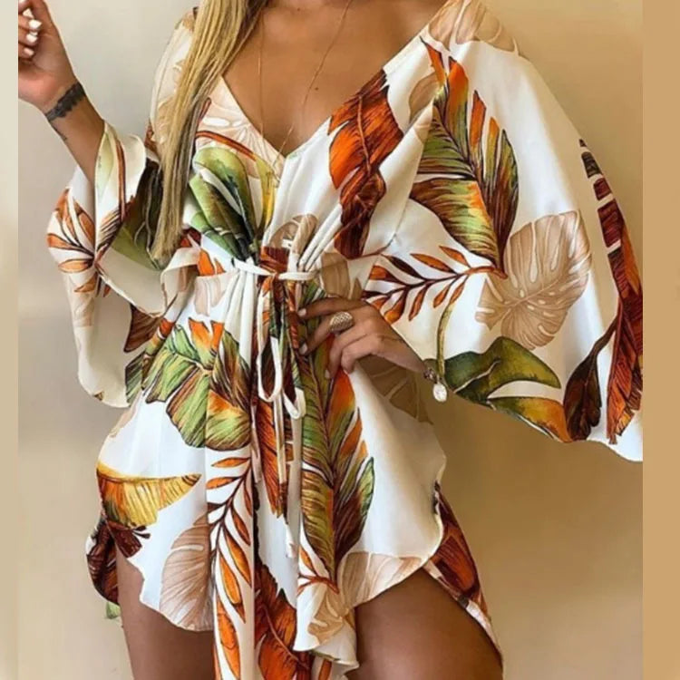Print  V-Neck Bat Sleeve Dress