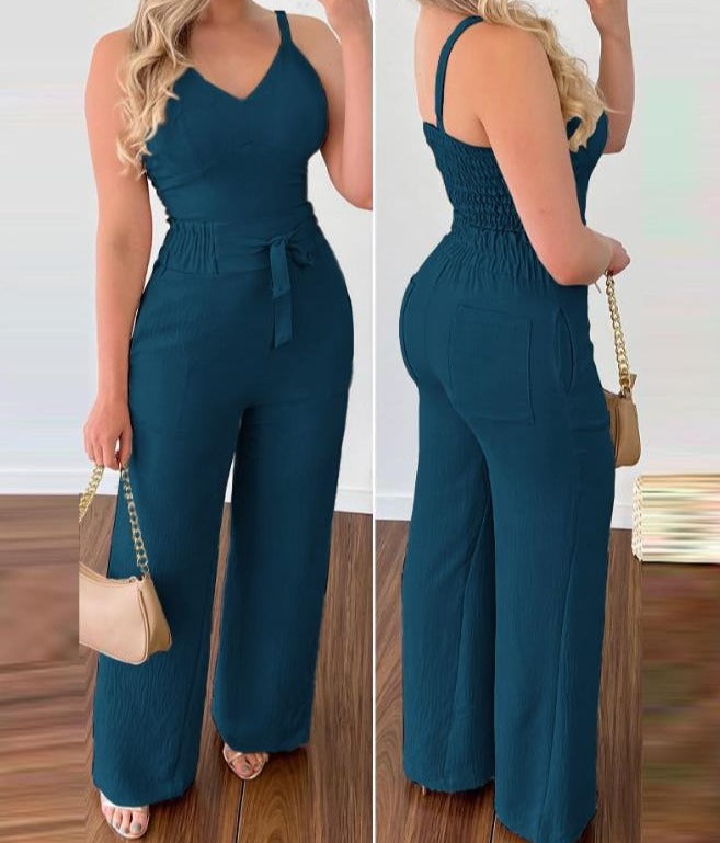 SHIRRED V-NECK SLEEVELESS CAMI TOP HIGH WAIST PANTS 2PCS SET