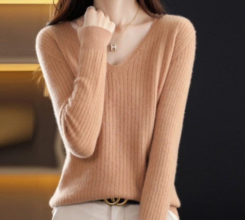 LONG SLEEVE KNITTED PULLOVER V-NECK FASHION SWEATER